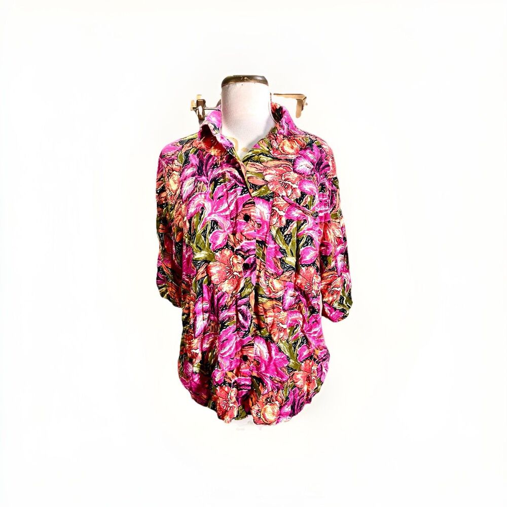 Michele Leslie Blouse Size XL VTG 80's Women's Button Down Floral Cottage Top